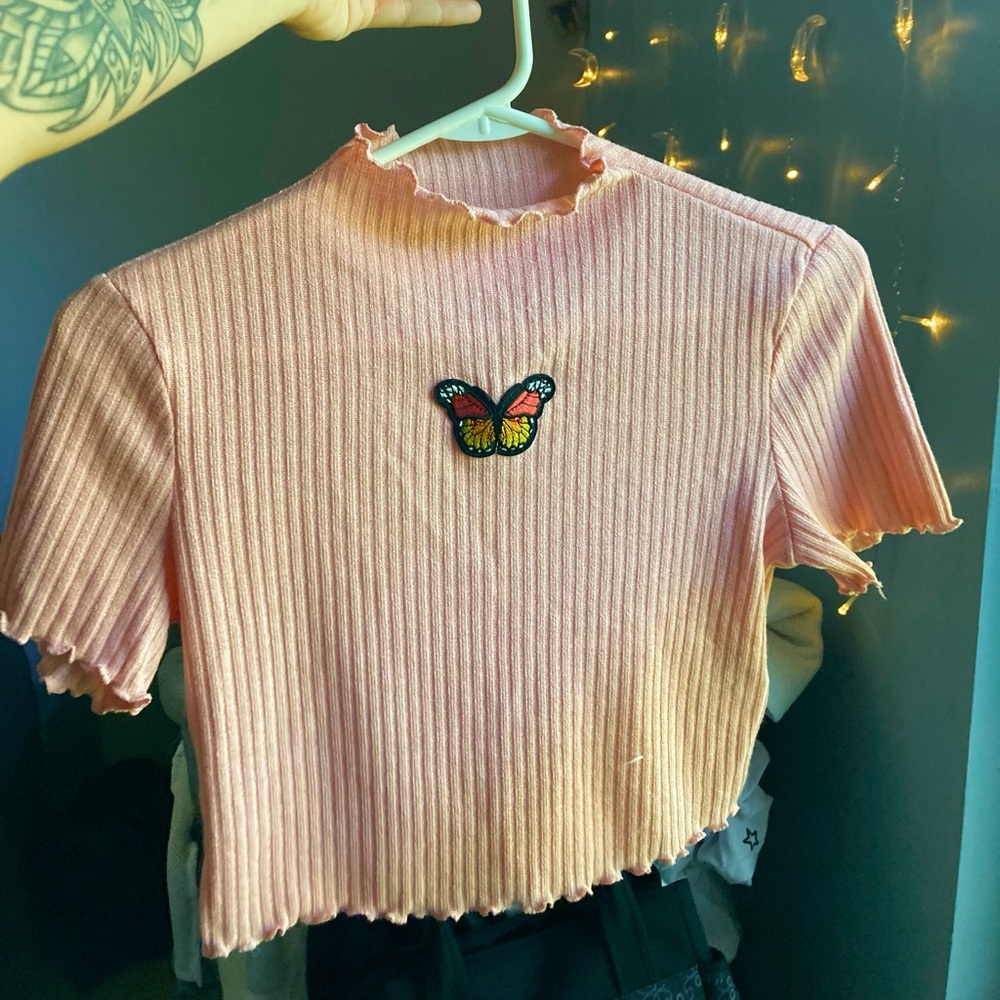 Cute Pink Butterfly Lettuce Trim Crop Top
